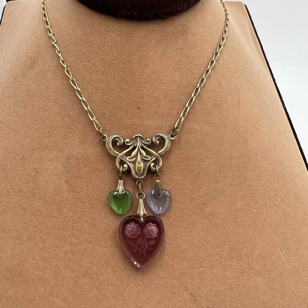 VTG GLASS WORKS STUDIO  LTD Glass and Brass Heart CHARM  NECKLACE  Intaglio 24+"